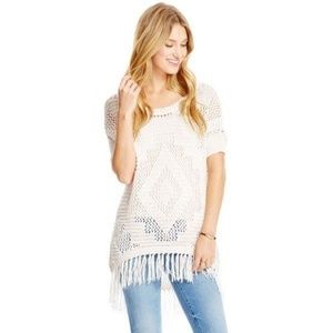 Jessica Simpson Cream Crochet Fringe Short Sleeve Sweater Top